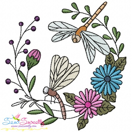 Embroidery Design Pattern | Dragonfly Floral Wreath-6