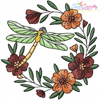 Embroidery Design Pattern | Dragonfly Floral Wreath-2-1