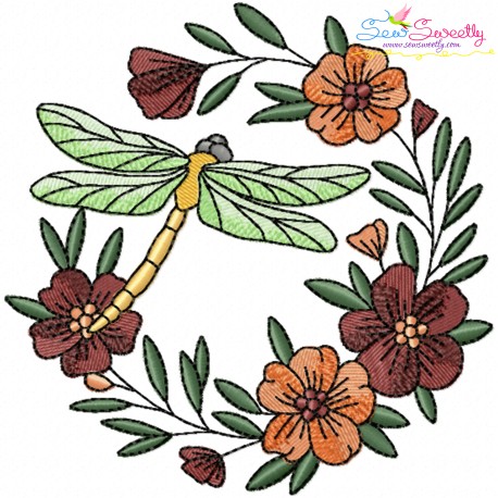 Embroidery Design Pattern | Dragonfly Floral Wreath-2