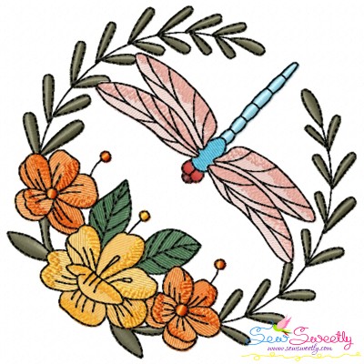 Embroidery Design Pattern | Dragonfly Floral Wreath-1-1