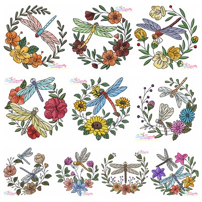 Embroidery Design Pattern | Dragonfly Floral Wreaths Bundle-1