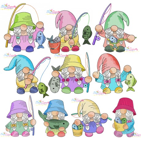 Girl Fishing Gnomes Embroidery Design Pattern Bundle-1