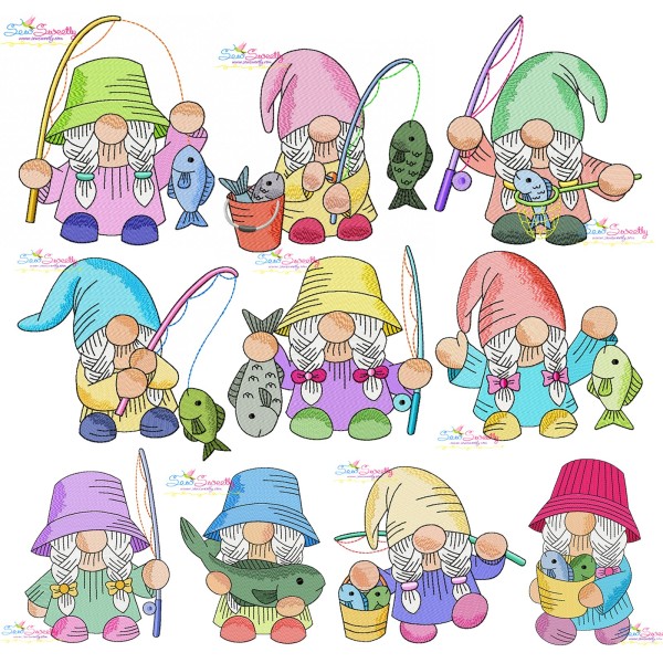 Girl Fishing Gnomes Embroidery Design Bundle-1
