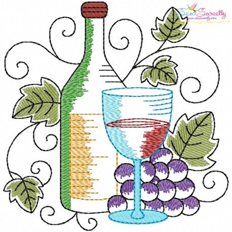Embroidery Design Pattern - Grapevine Wine Bottle And Glass-2