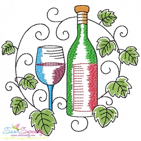 Embroidery Design Pattern - Grapevine Wine Bottle And Glass-1