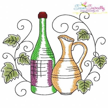 Embroidery Design Pattern - Grapevine Wine Bottle And Jar