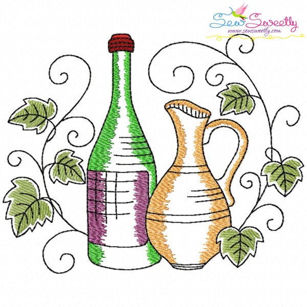 Embroidery Design Pattern - Grapevine Wine Bottle And Jar-1
