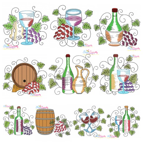 Grapevine And Wine Glasses Embroidery Design Bundle-1