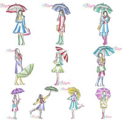 Girls With Umbrella Embroidery Design Bundle-1
