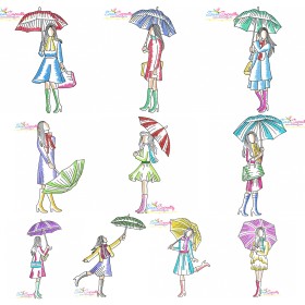 Girls With Umbrella Embroidery Design Bundle-1