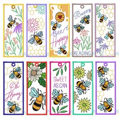 Bookmarks Embroidery Design - Bee And Flowers Bundle-1