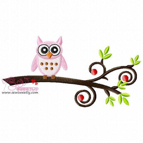 Pink Owl On Branch Embroidery Design- 1