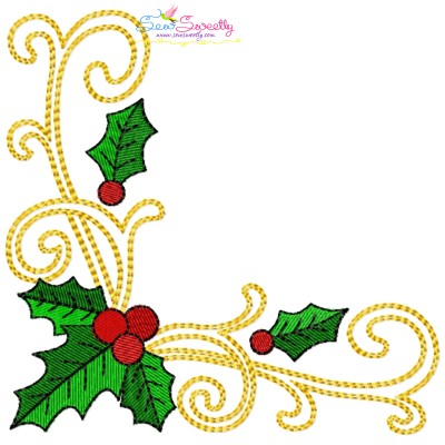 Embroidery Design Pattern - Christmas Corner Holly Leaves Swirls-1-1