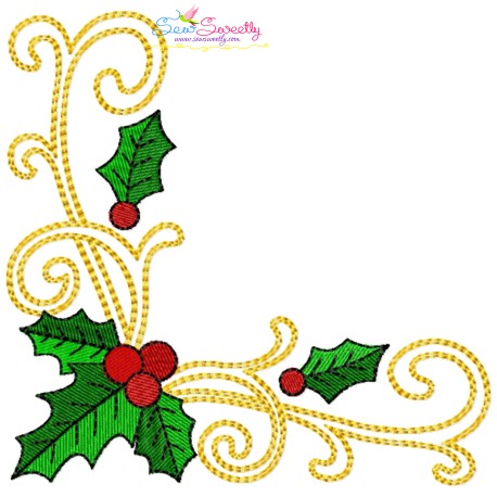 Embroidery Design Pattern - Christmas Corner Holly Leaves Swirls-1