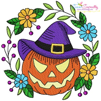 Embroidery Design - Jack-O-Lantern Witch Hat Halloween Frame-1