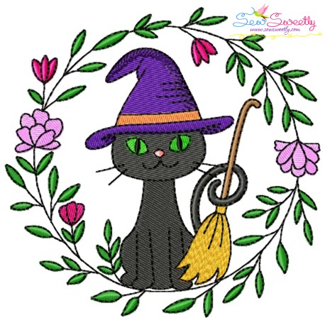 Embroidery Design - Cat And Broom Halloween Frame-1