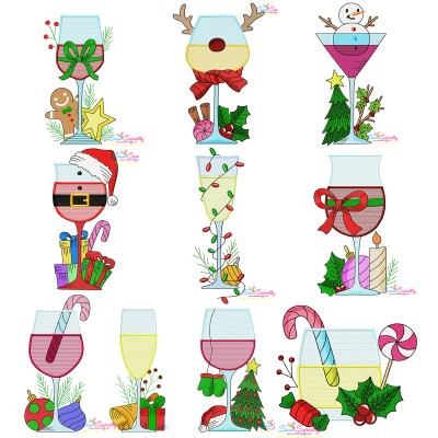 Christmas Wine Glasses Embroidery Design Bundle-1