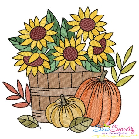 Embroidery Design - Wooden Barrel Pumpkins And Sunflowers