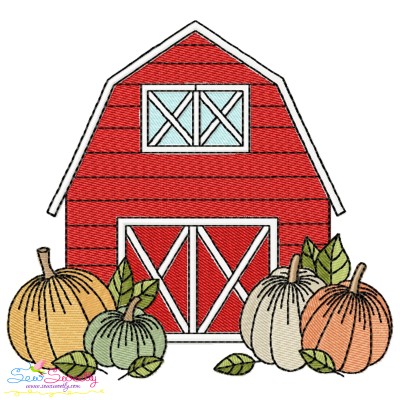 Embroidery Design - Farmhouse Red Barn And Pumpkins-1