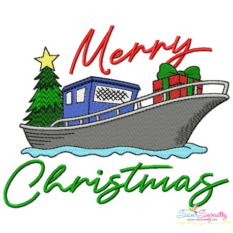 Embroidery Design - Merry Christmas Boat with Tree