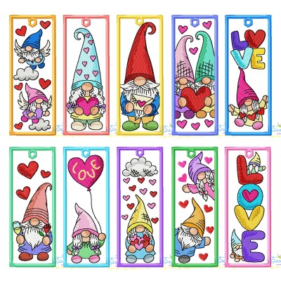 Valentine Gnome Bookmarks Embroidery Design Bundle