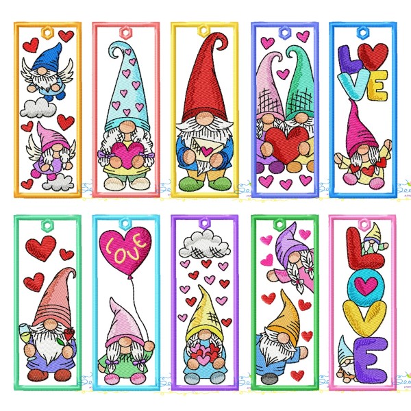Valentine Gnome Bookmarks Embroidery Design Bundle