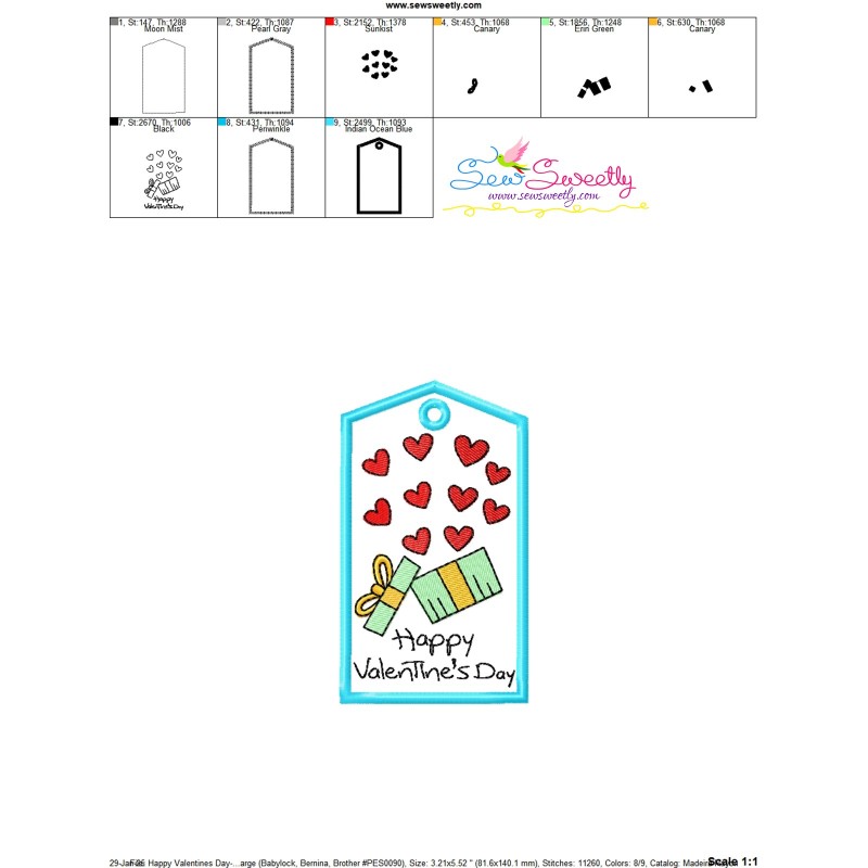 Machine Sewing On Patch Example Valentine ITH Tag Machine Embroidery Design - Happy Valentine's Day