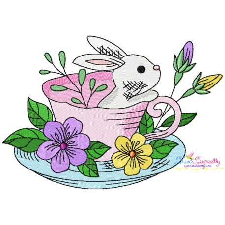 Bunny With Floral Cup - 10 Embroidery Design Pattern