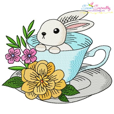 Bunny With Floral Cup - 9 Embroidery Design Pattern