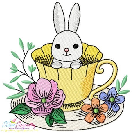 Bunny With Floral Cup - 8 Embroidery Design Pattern