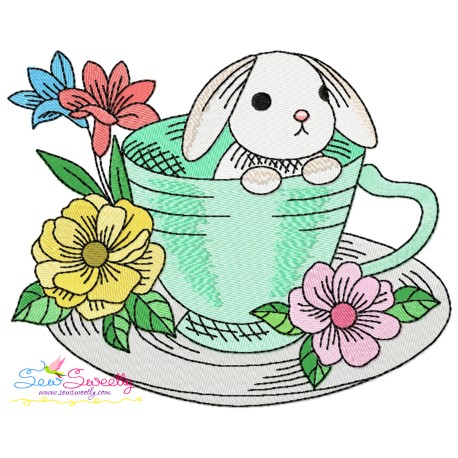 Bunny With Floral Cup - 7 Embroidery Design Pattern