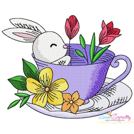 Bunny With Floral Cup - 6 Embroidery Design Pattern