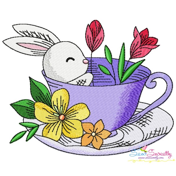 Bunny With Floral Cup - 6 Embroidery Design Pattern