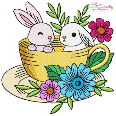 Bunny With Floral Cup - 5 Embroidery Design Pattern