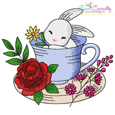 Bunny With Floral Cup - 4 Embroidery Design Pattern