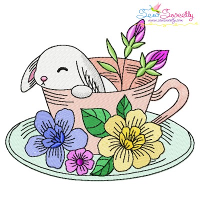 Bunny With Floral Cup - 3 Embroidery Design Pattern