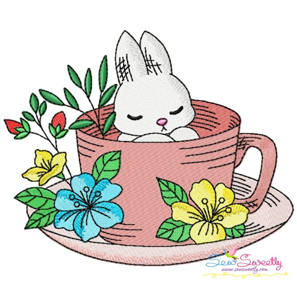 Bunny With Floral Cup - 2 Embroidery Design Pattern