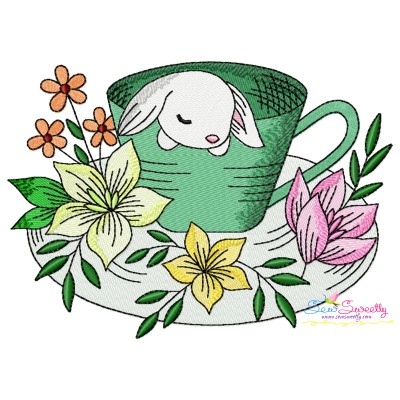 Bunny With Floral Cup - 1 Embroidery Design Pattern