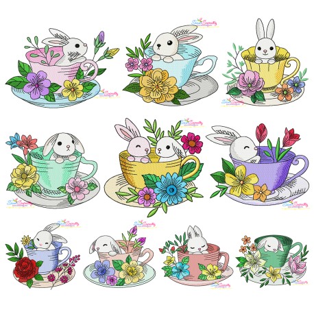 Bunny With Floral Cup Embroidery Design Bundle