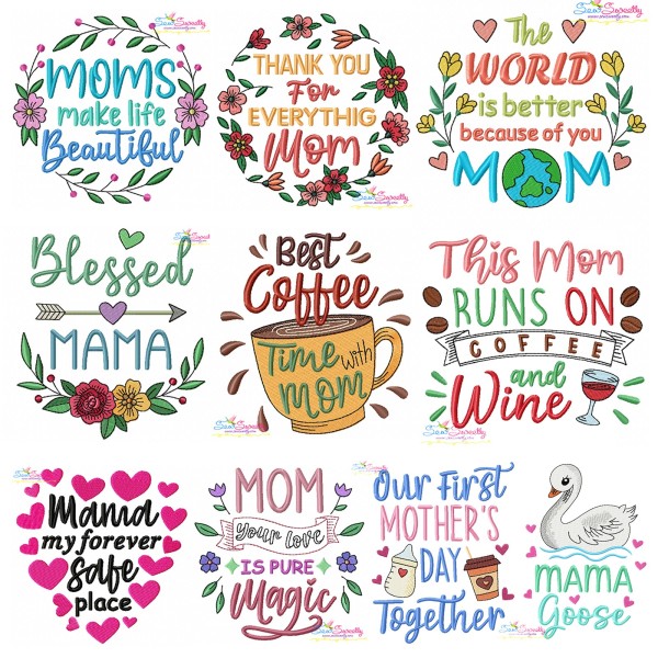 Happy Mother's Day Lettering Embroidery Design Bundle