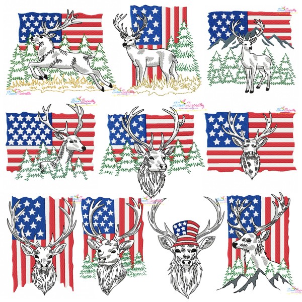 Deer With American Flag Embroidery Design Bundle