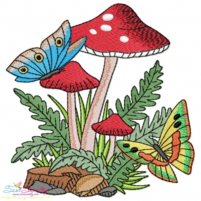 Mushroom And Butterfly - 10 Machine Embroidery Design