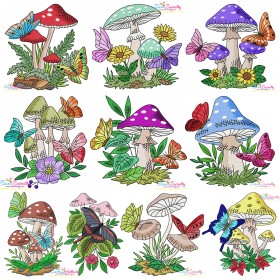 Mushroom And Butterfly Embroidery Design Bundle