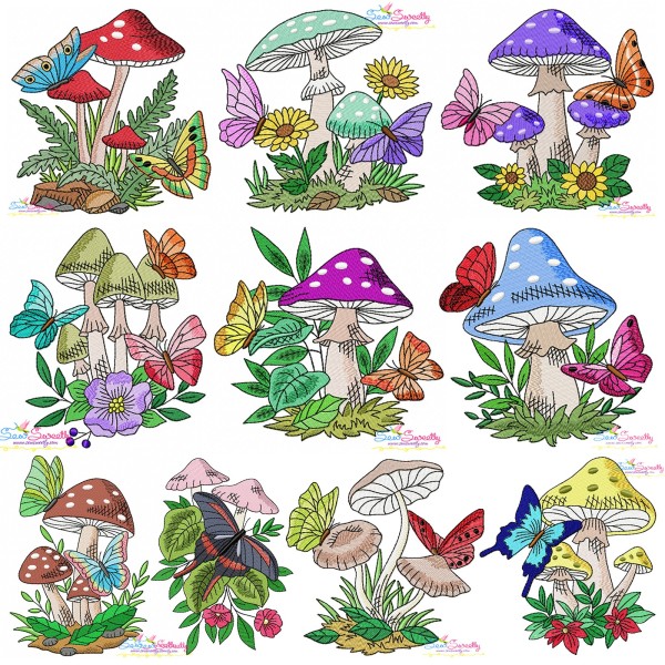 Mushroom And Butterfly Embroidery Design Bundle