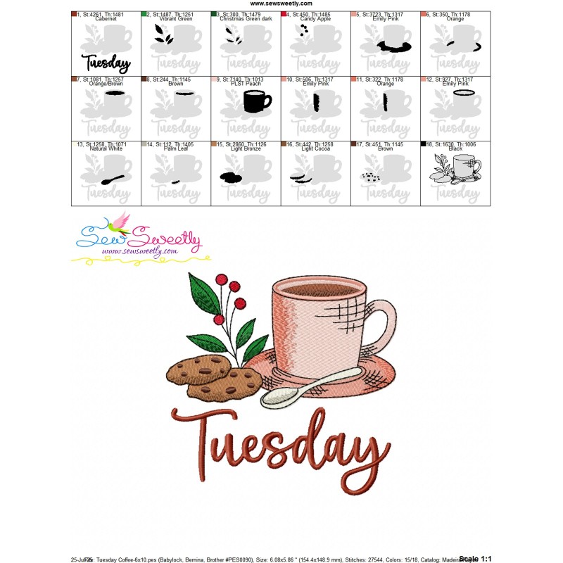 Days of the Week - Tuesday Coffee Embroidery Design Pattern