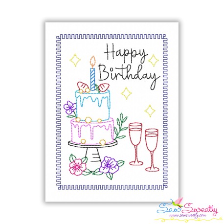 Cardstock Embroidery Design Pattern- Happy Birthday Cake And Wine Greeting Card