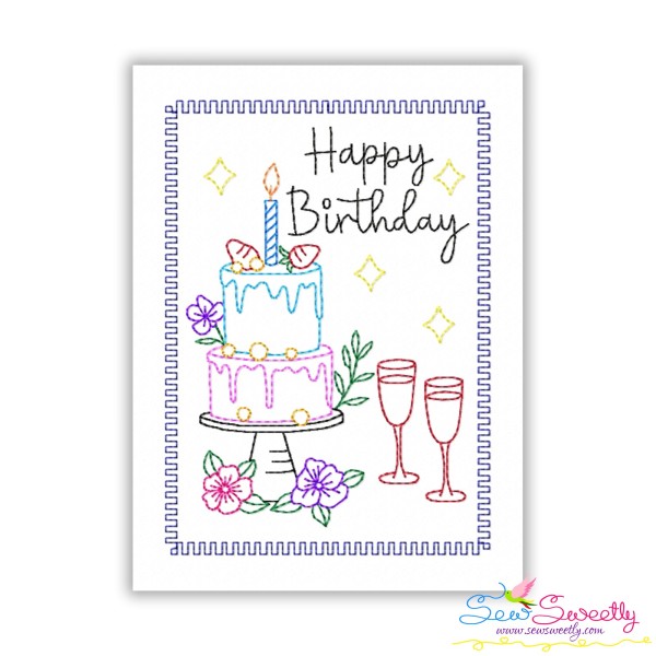 Cardstock Embroidery Design Pattern- Happy Birthday Cake And Wine Greeting Card