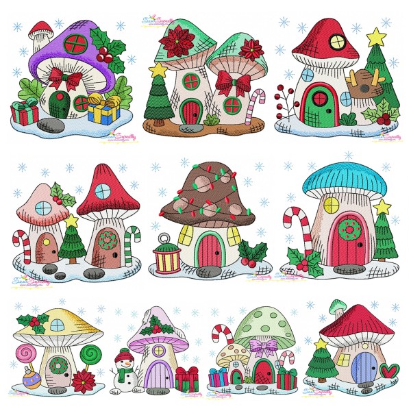 Christmas Mushroom Houses Embroidery Design Bundle