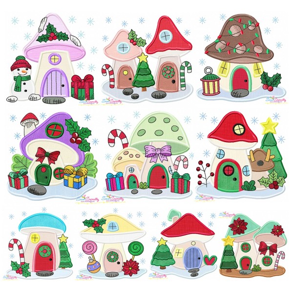 Christmas Mushroom Houses Applique Design Bundle