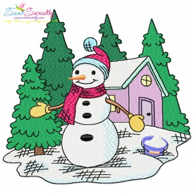 Christmas Snowman Winter Scene-4 Embroidery Design